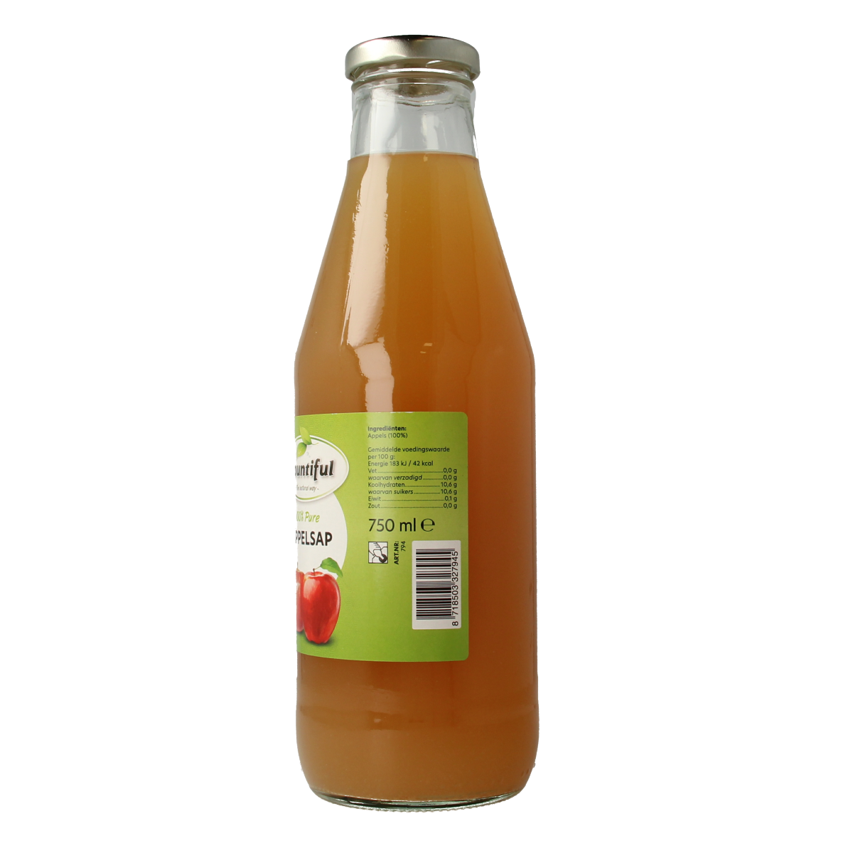 Bountiful Bountiful Appelsap 750ml bottle of fresh orange juice, clear liquid in a transparent container.