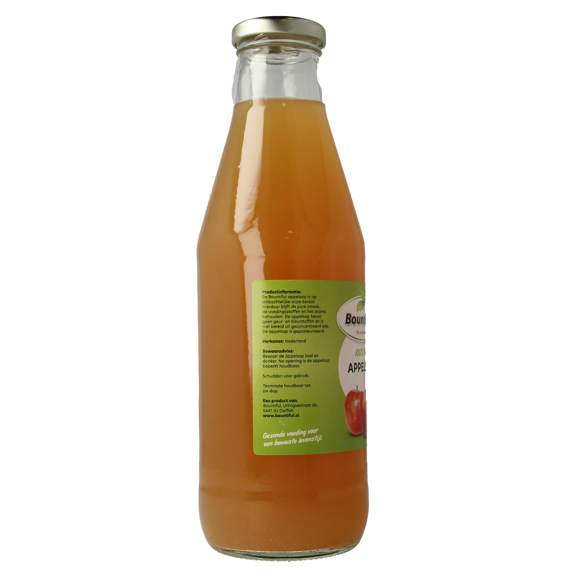 Bountiful Bountiful appelsap 750ml in a clear glass bottle, showcasing fresh orange juice with bright orange color.