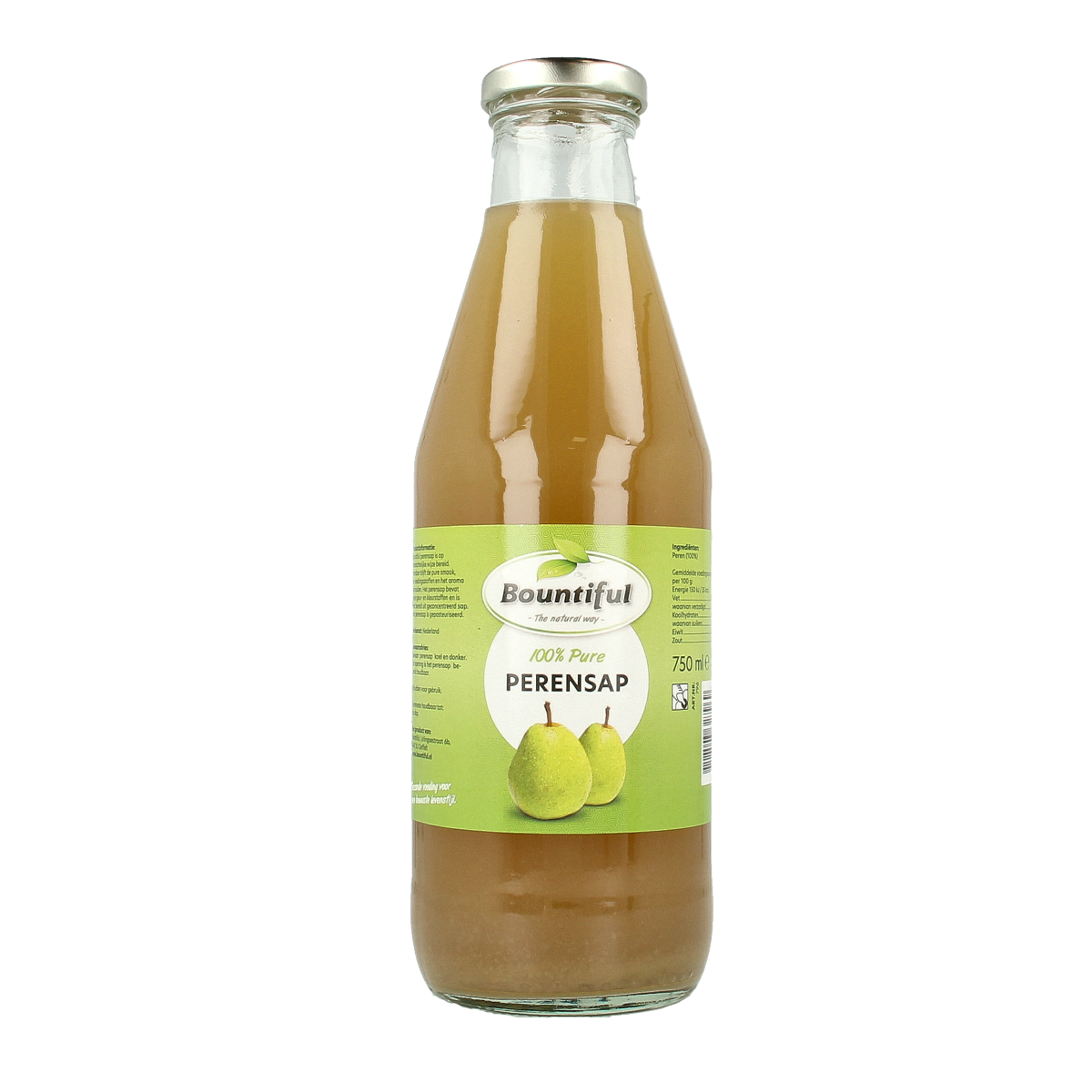 Bountiful Bountiful Perensap 750ml bottle with golden pear juice, label visible, on a white background.
