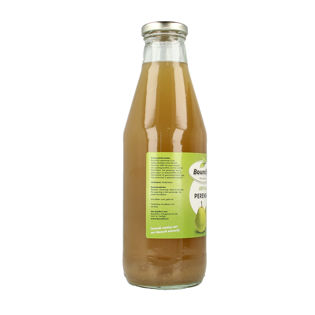 Bountiful Perensap 750ml bottle of pear juice in clear plastic bottle with label, natural fruit beverage from Bountiful.