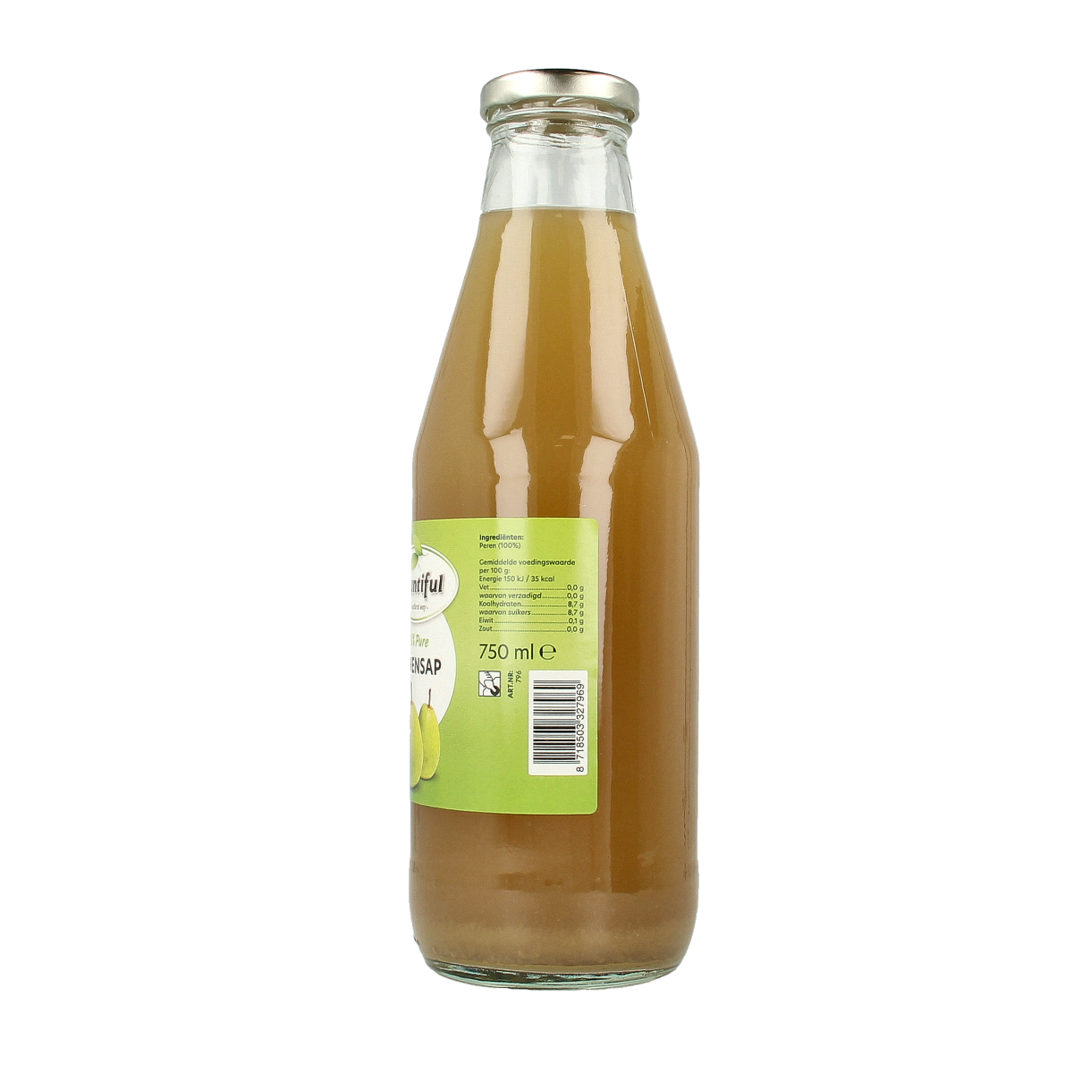 Bountiful Perensap 750ml bottle of fruit juice with a clear label and orange-colored liquid inside.