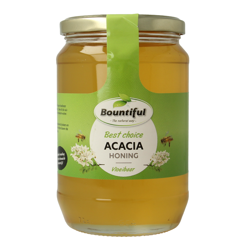 Bountiful Acacia honing in a 900 gram jar, natural honey with a smooth texture and golden color, suitable for baking and spreading.