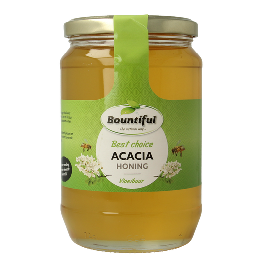 Bountiful Acacia honing in a 900 gram jar, natural honey with a smooth texture and golden color, suitable for baking and spreading.
