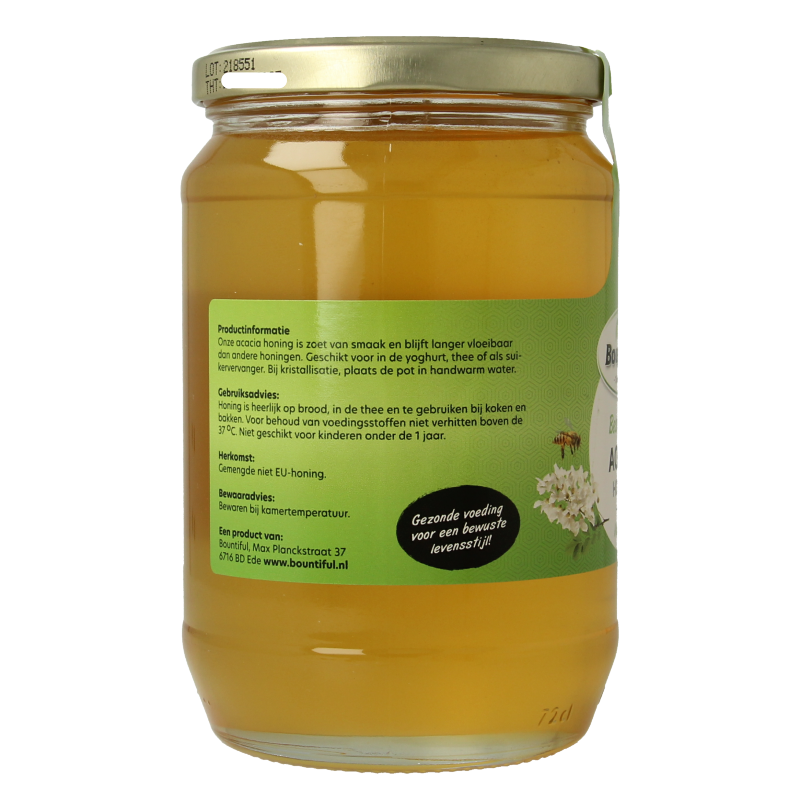 Bountiful Acacia honing jar with 900 grams of natural honey, showcasing the golden, viscous honey inside the clear jar.