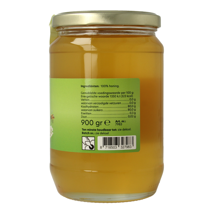Bountiful Acacia honing 900 gram jar showing golden honey inside, with a wooden honey dipper resting on the jar.