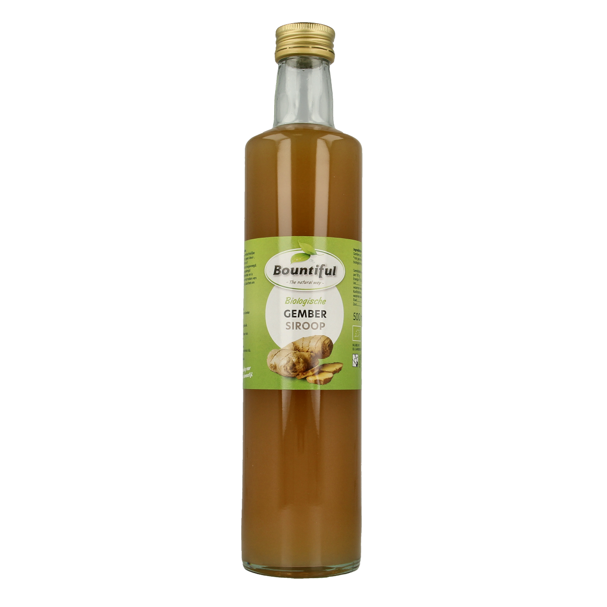 Bountiful Bountiful Gembersiroop bio ginger syrup in 500ml bottle, organic drink and juice product with label showing ginger illustration.