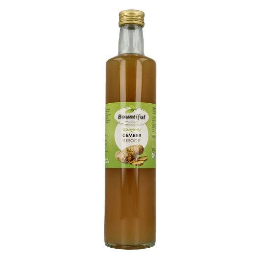 Bountiful Bountiful Gembersiroop bio ginger syrup in 500ml bottle, organic drink and juice product with label showing ginger illustration.