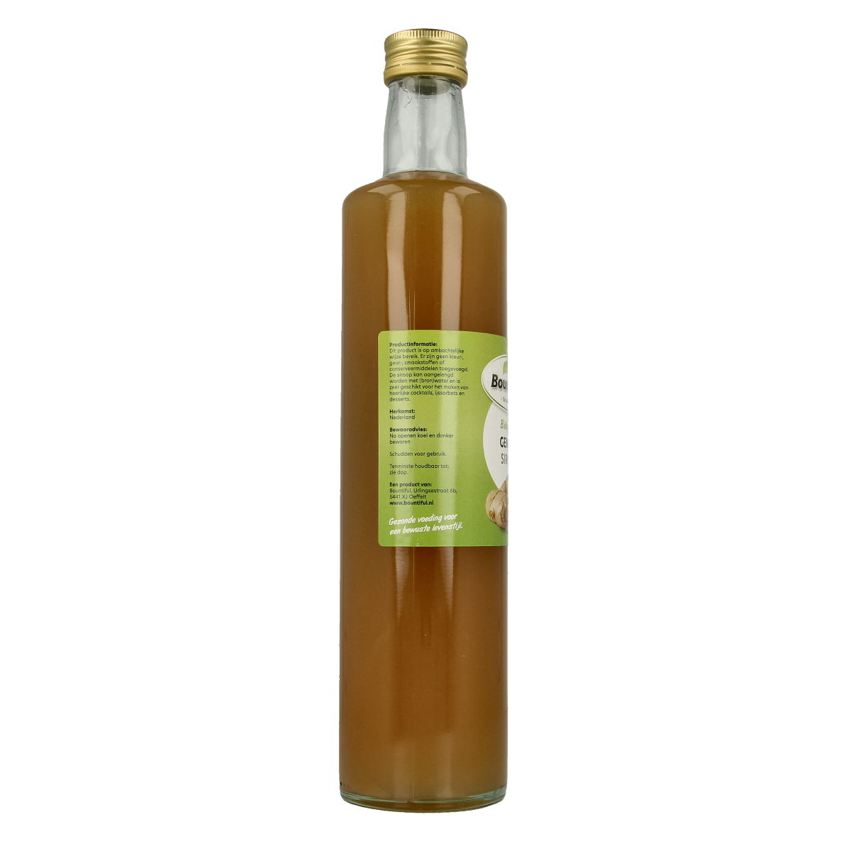 Bountiful organic ginger syrup in a 500ml bottle, used for drinks and flavoring in beverages.