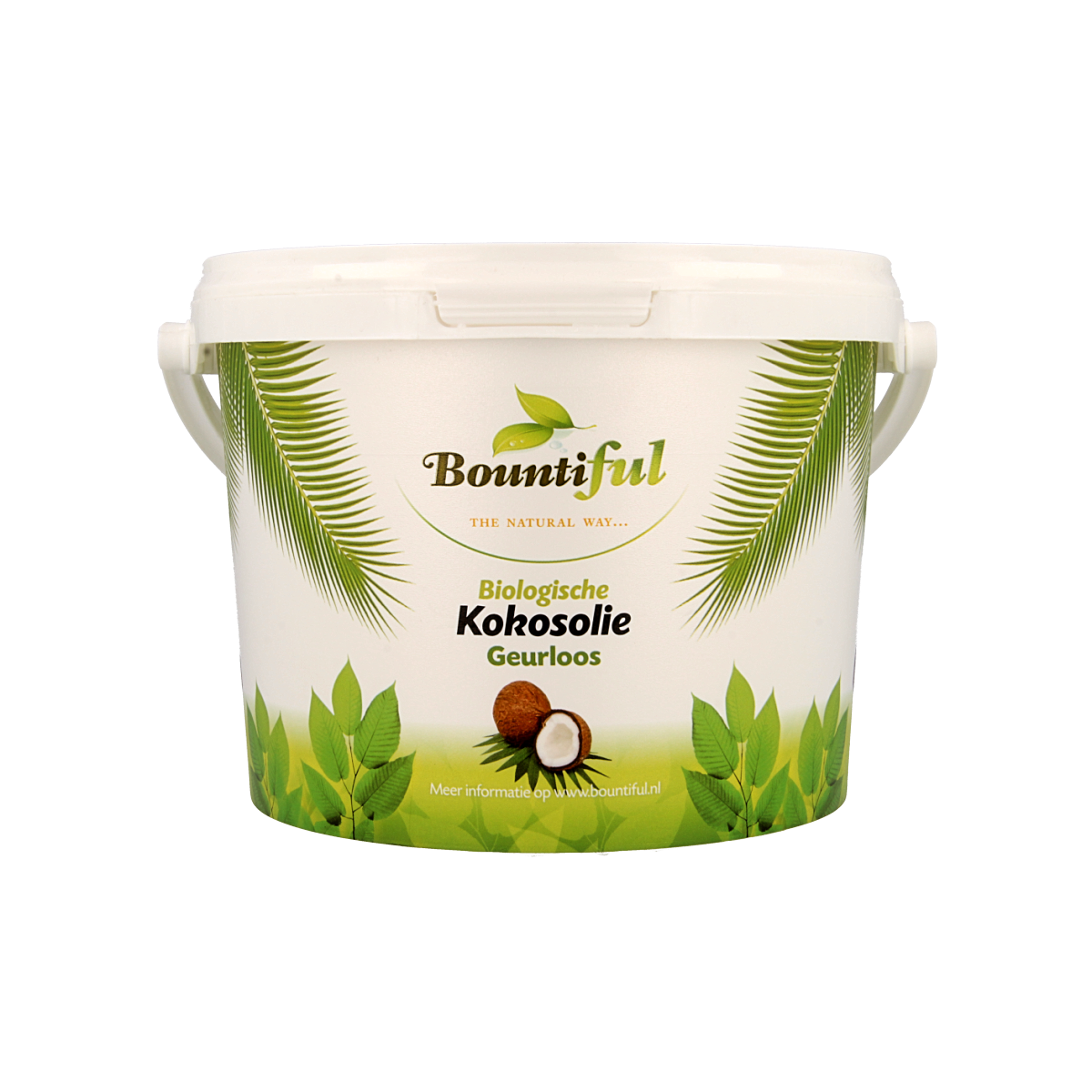 Bountiful geurloze biologische kokosolie in 2-liter container, pure cooking oil with no scent, suitable for baking and frying.