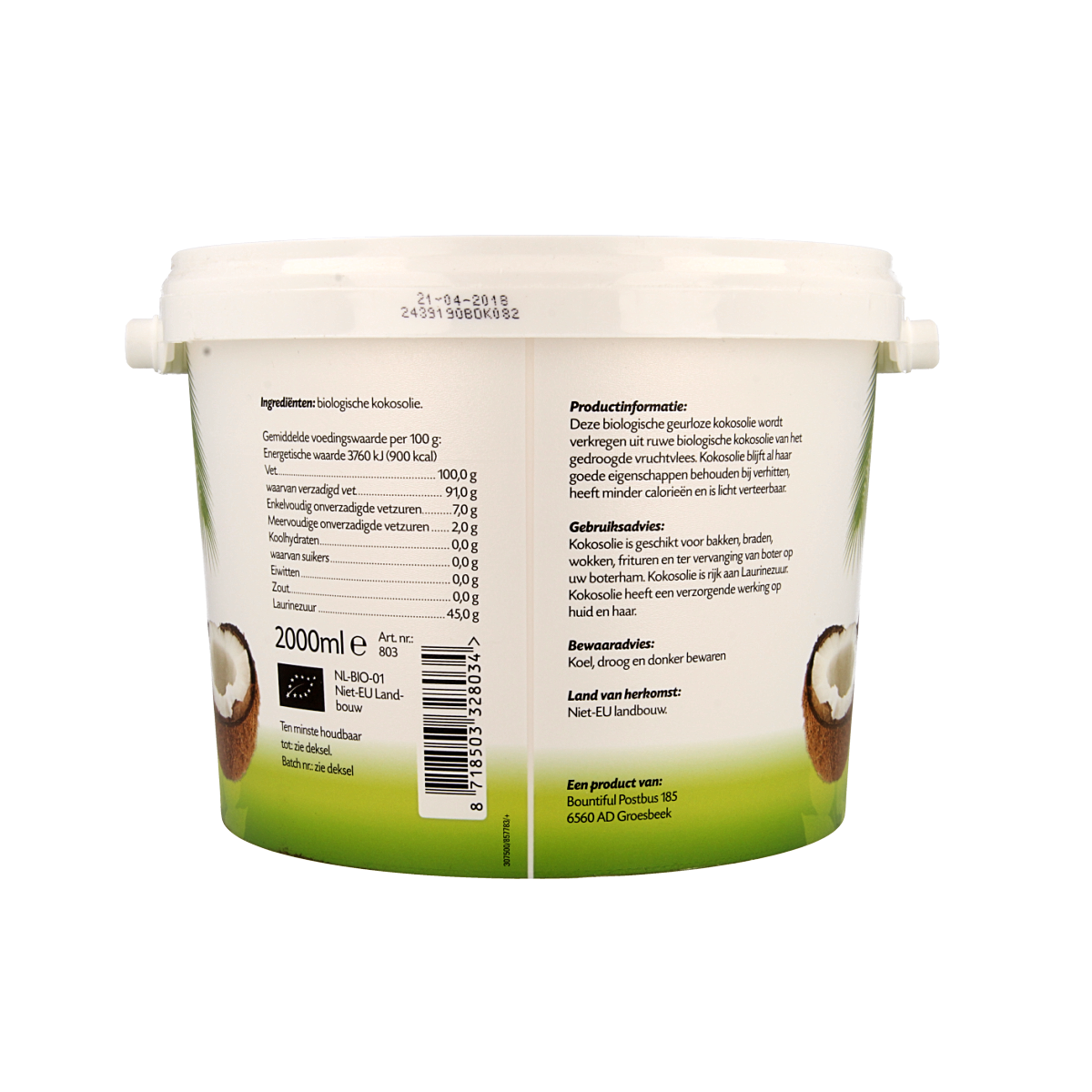 Bountiful geurloze biologische kokosolie in 2-liter container, natural oil ideal for cooking and skincare.