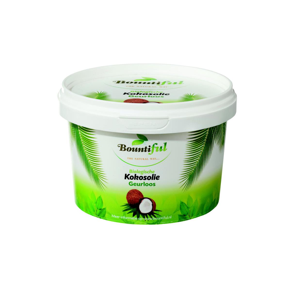 Bountiful geurloze biologische kokosolie in 500ml bottle, labeled as olie en vetten, with a clear container and product label.