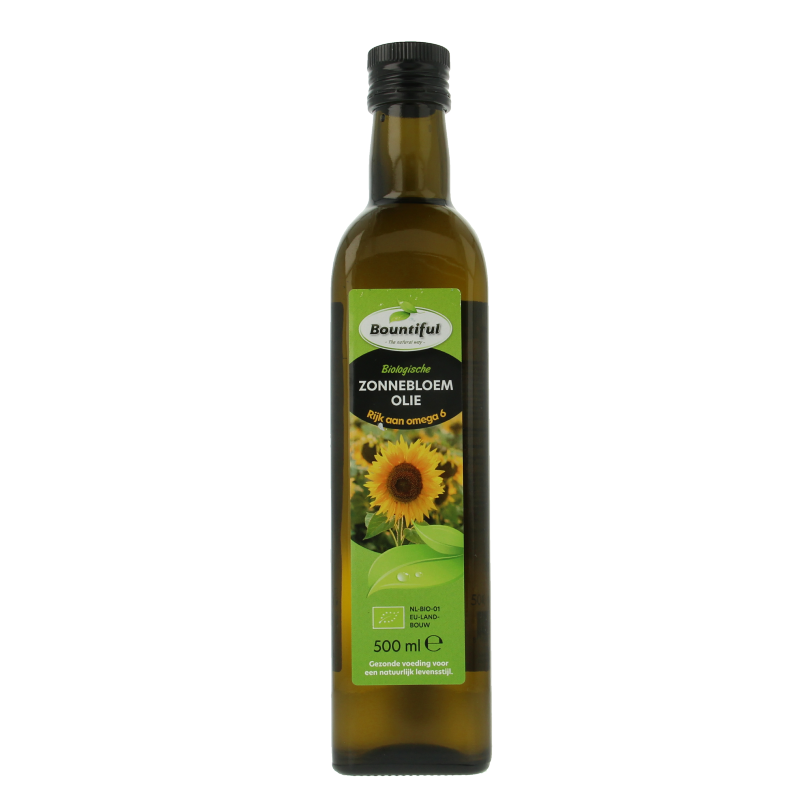 Bountiful organic sunflower oil in a 500ml bottle, golden liquid in a clear container, highlighting natural and healthy cooking oil.