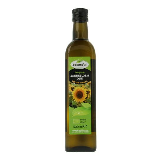 Bountiful organic sunflower oil in a 500ml bottle, golden liquid in a clear container, highlighting natural and healthy cooking oil.