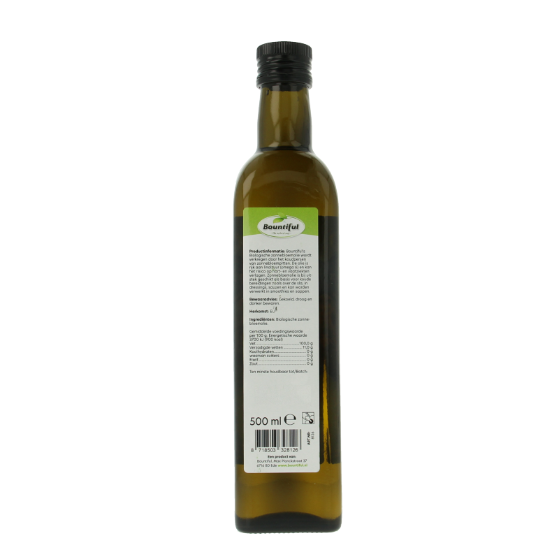 Bountiful organic sunflower oil in a 500ml bottle, showcasing the clear, golden oil inside the container.