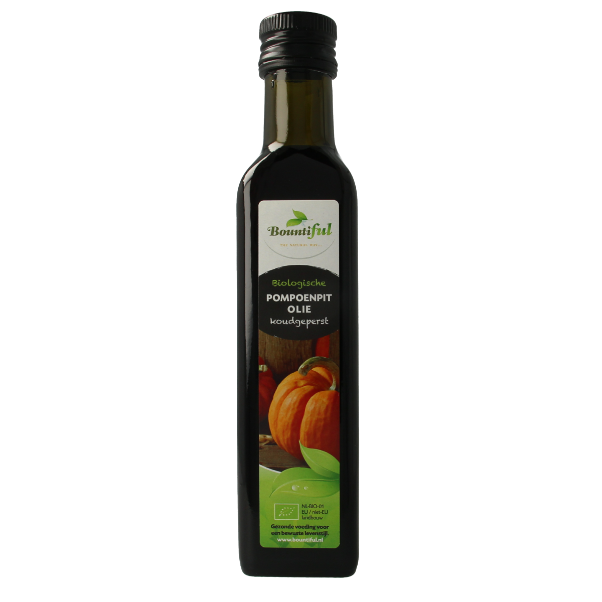 Bountiful organic pumpkin seed oil in a 250ml bottle, rich in healthy fats, with a dark glass bottle and label visible.