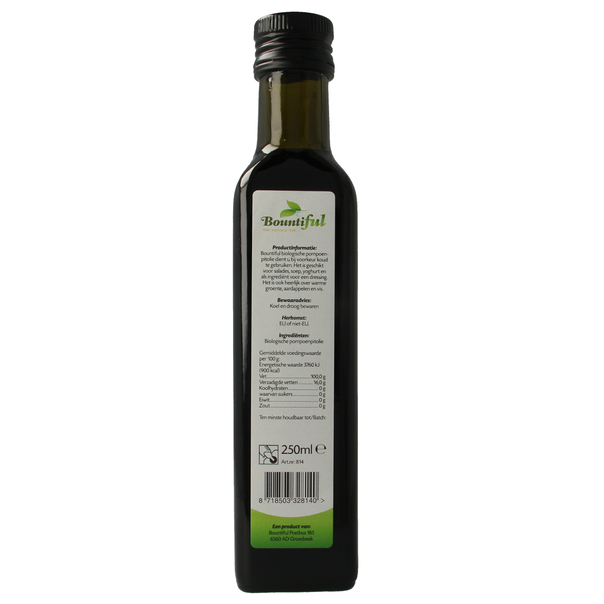 Organic Bountiful pumpkin seed oil in a 250ml bottle, showcasing the dark green oil in a clear glass container.