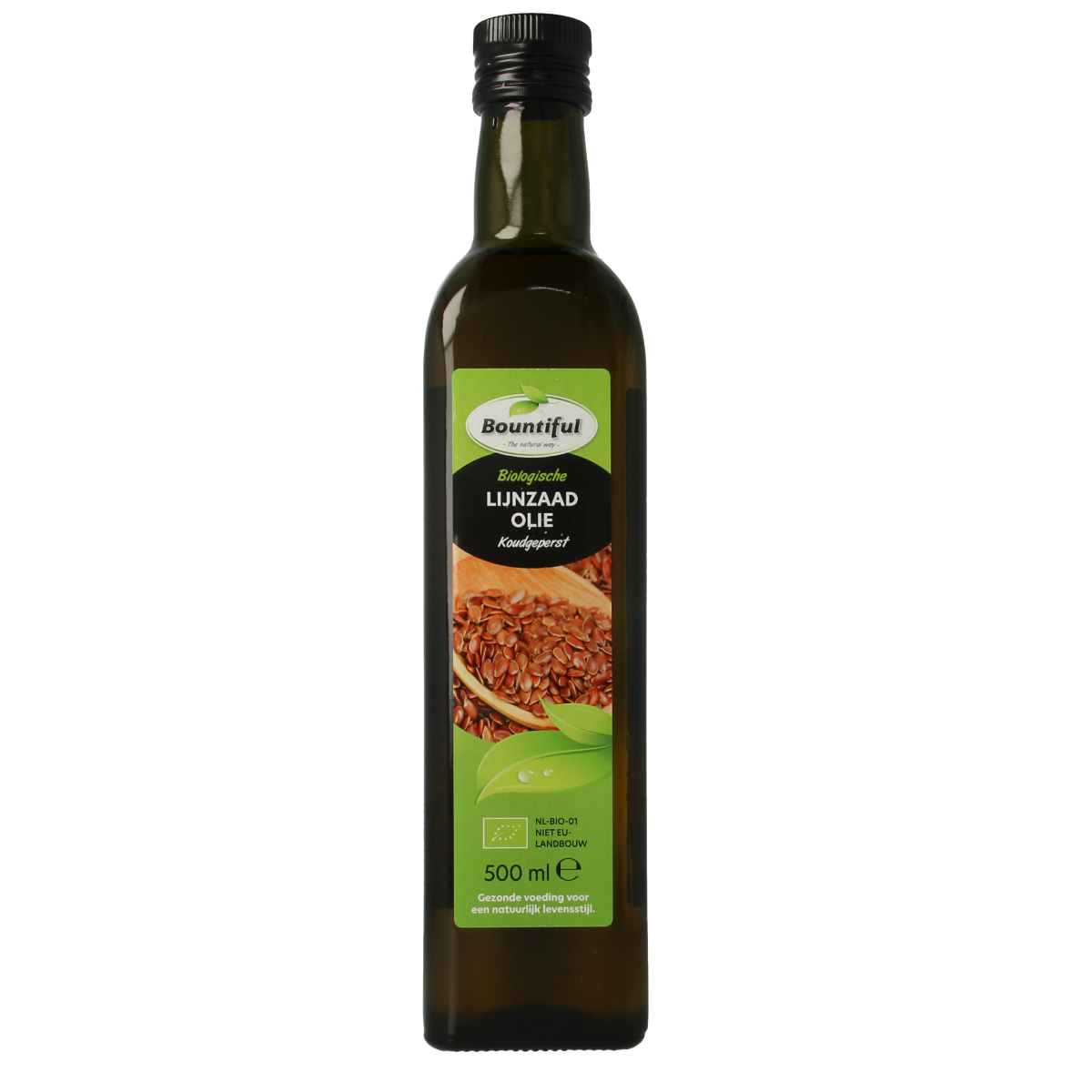 Bountiful organic flaxseed oil in a 500ml bottle, rich in omega-3, in a clear glass bottle with a screw cap.