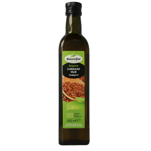 Bountiful organic flaxseed oil in a 500ml bottle, rich in omega-3, in a clear glass bottle with a screw cap.