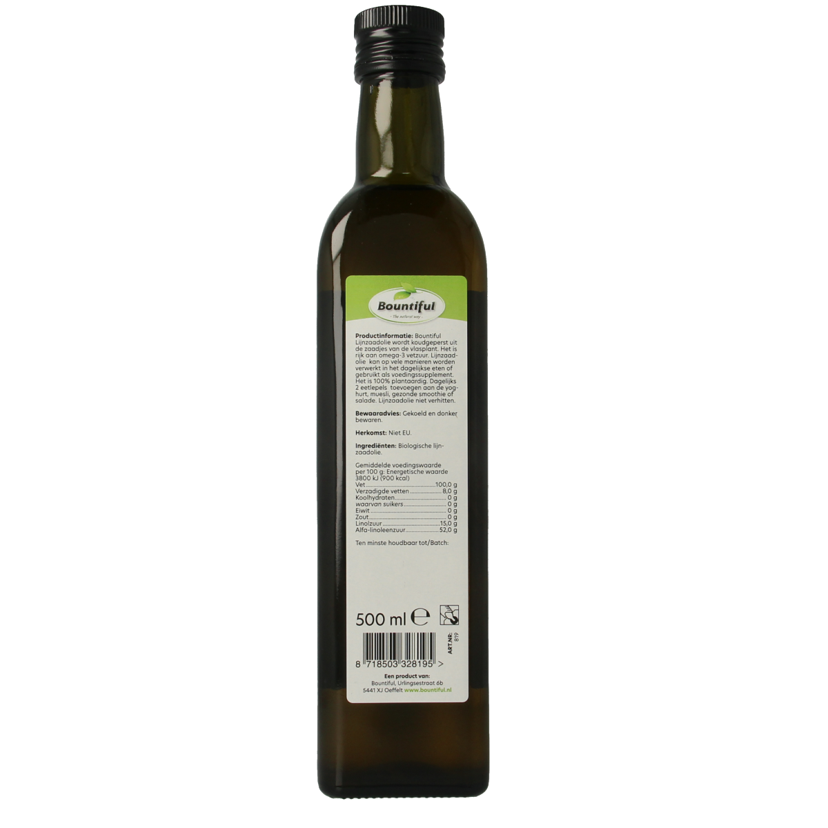 Bountiful organic flaxseed oil in a 500ml bottle, rich in healthy fats, shown in a clear glass container with a golden hue.