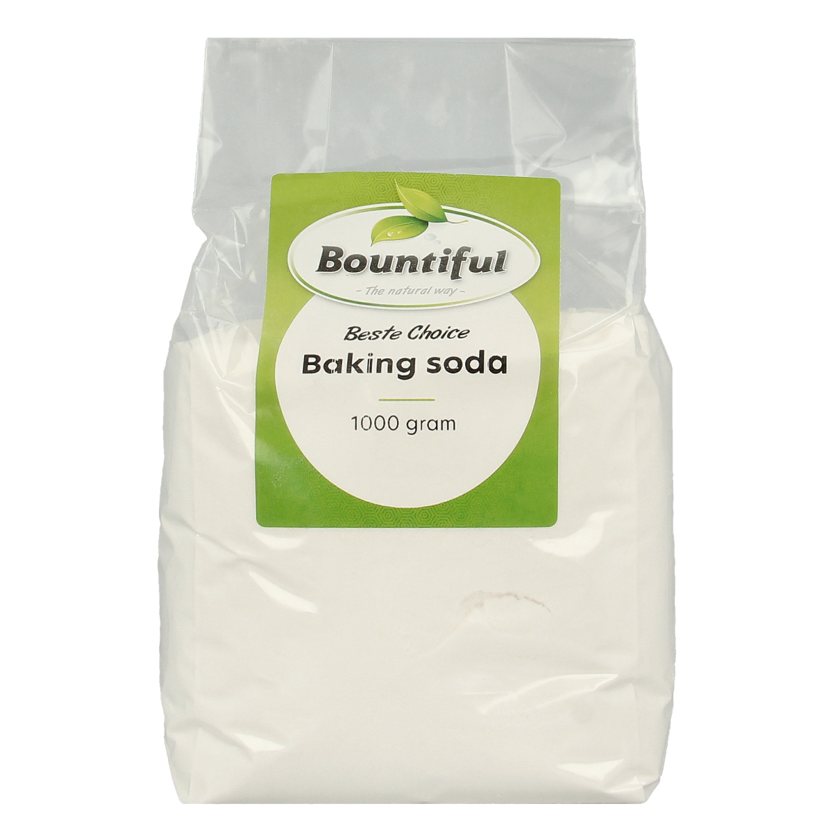 Bountiful baking soda 1kg bag from Bakmixen en Melen, white powder in a sealed package.