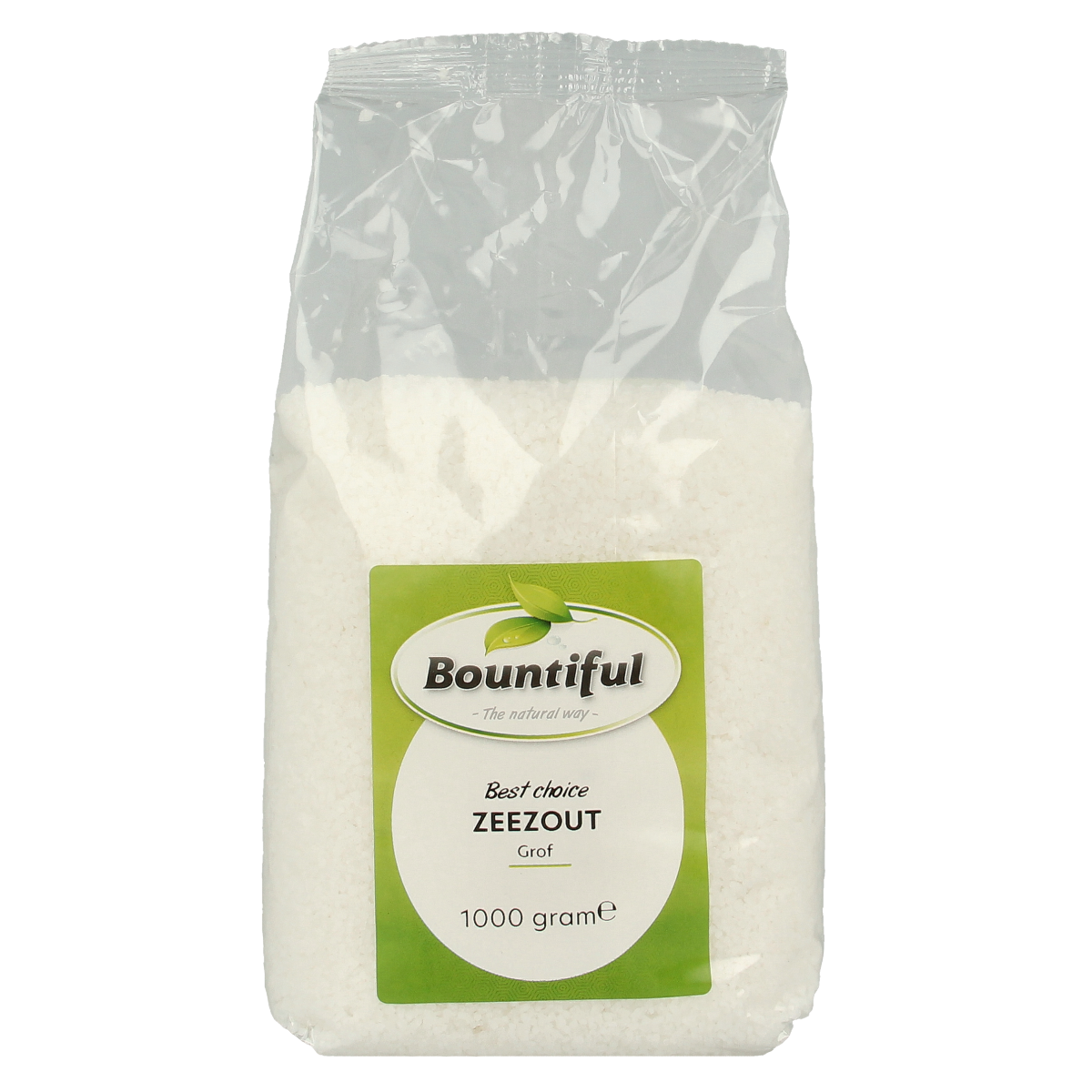 Bountiful Zeezout grof 1kg, coarse sea salt, in a clear container with a natural textured appearance, part of kruiden en zoutmixen.