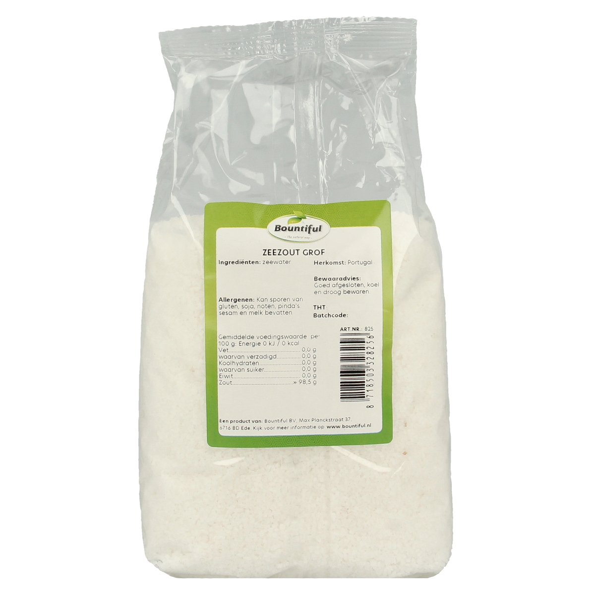 Bountiful Zeezout grof 1kg, natural coarse sea salt for cooking, in a clear plastic bag with brand label.