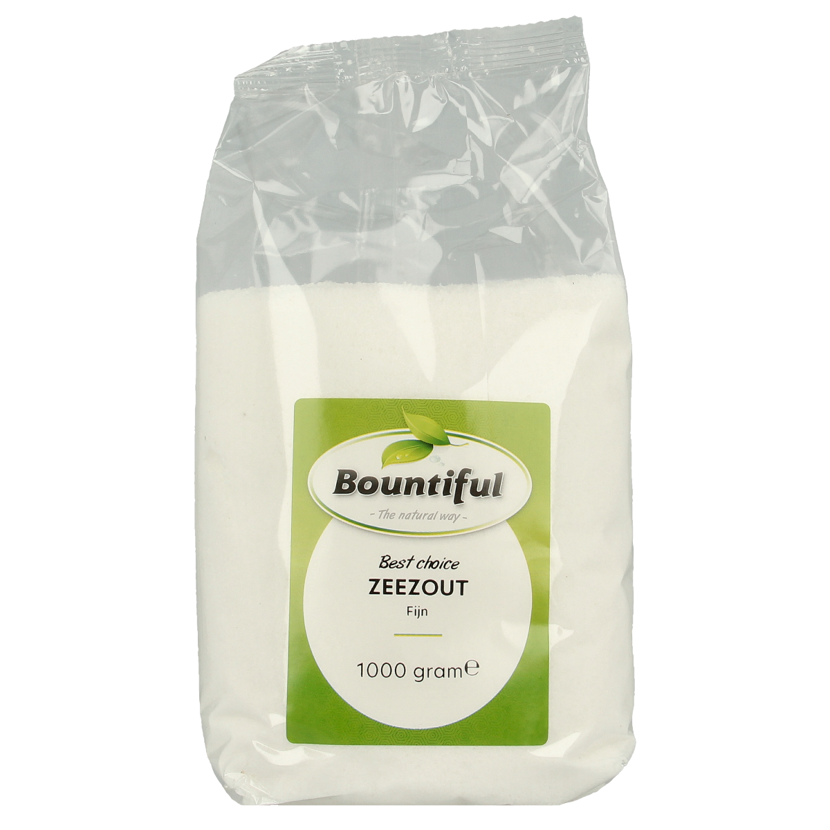 Bountiful Zeezout fijn 1kg, fine sea salt in a clear bag with label, suitable for cooking and seasoning.