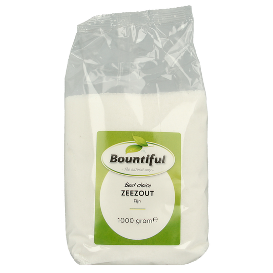 Bountiful Zeezout fijn 1kg, fine sea salt in a clear bag with label, suitable for cooking and seasoning.