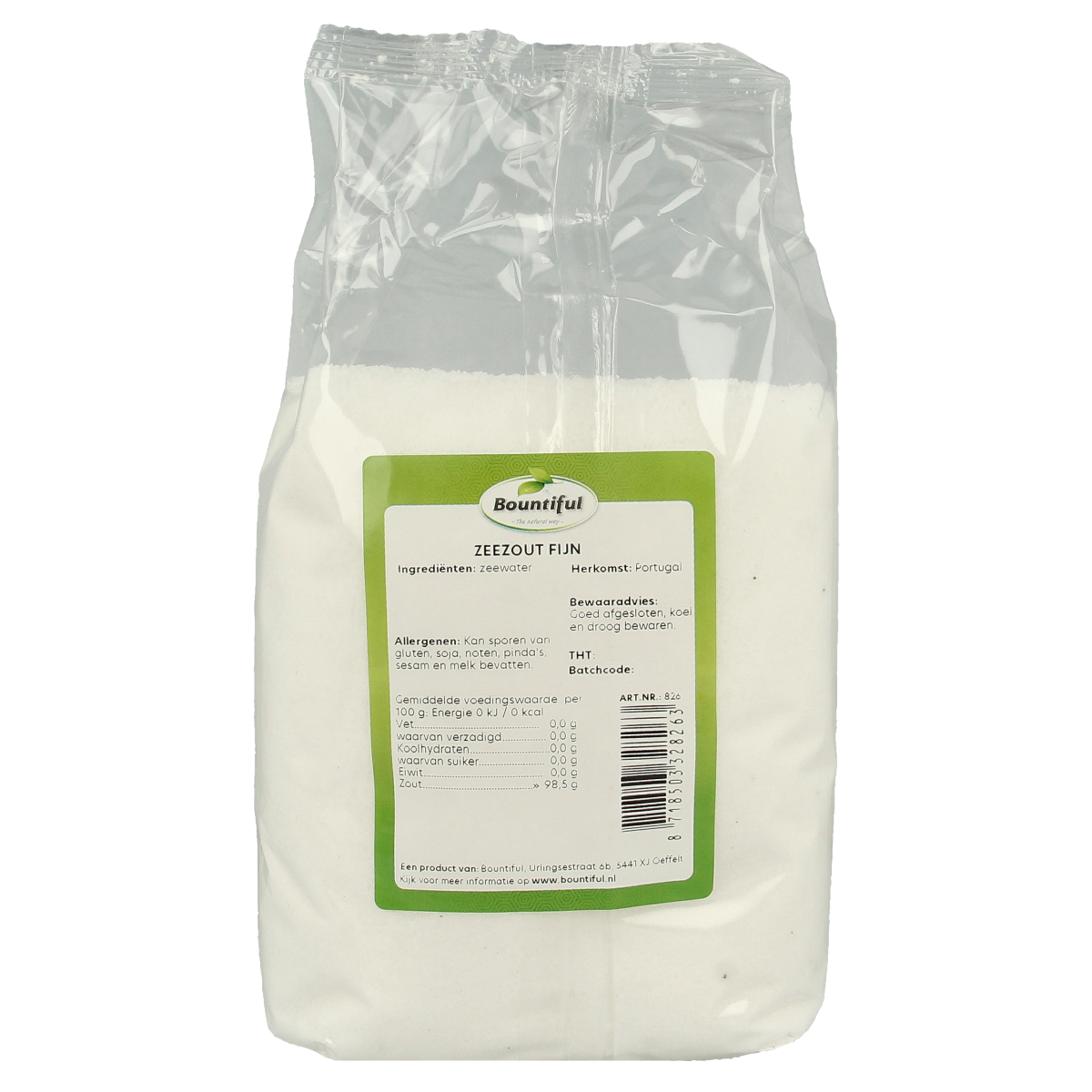 Bountiful Zeezout fijn 1kg, fine sea salt in a clear bag, ideal for cooking and seasoning, from Bountiful brand.