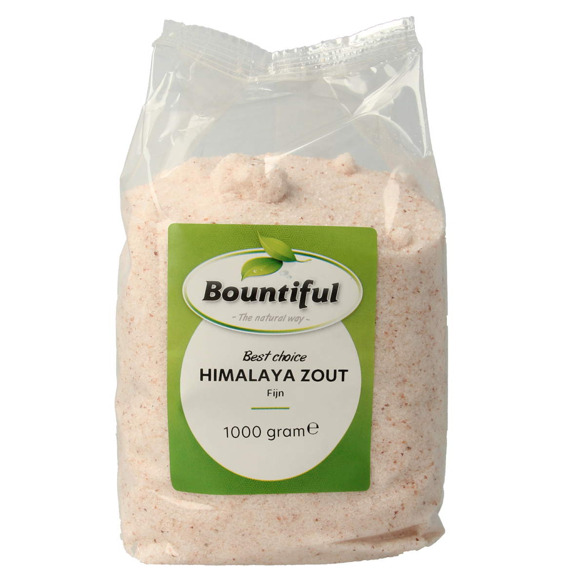 Bountiful Himalaya zout fijn, 1 kg, natural pink sea salt for cooking and seasoning in a resealable bag.