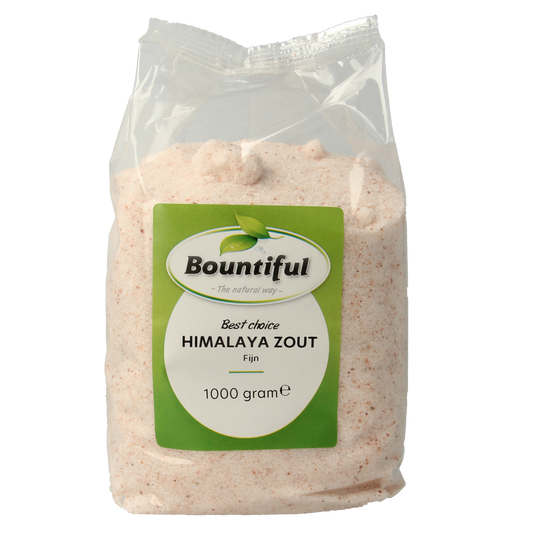 Bountiful Himalaya zout fijn, 1 kg, natural pink sea salt for cooking and seasoning in a resealable bag.