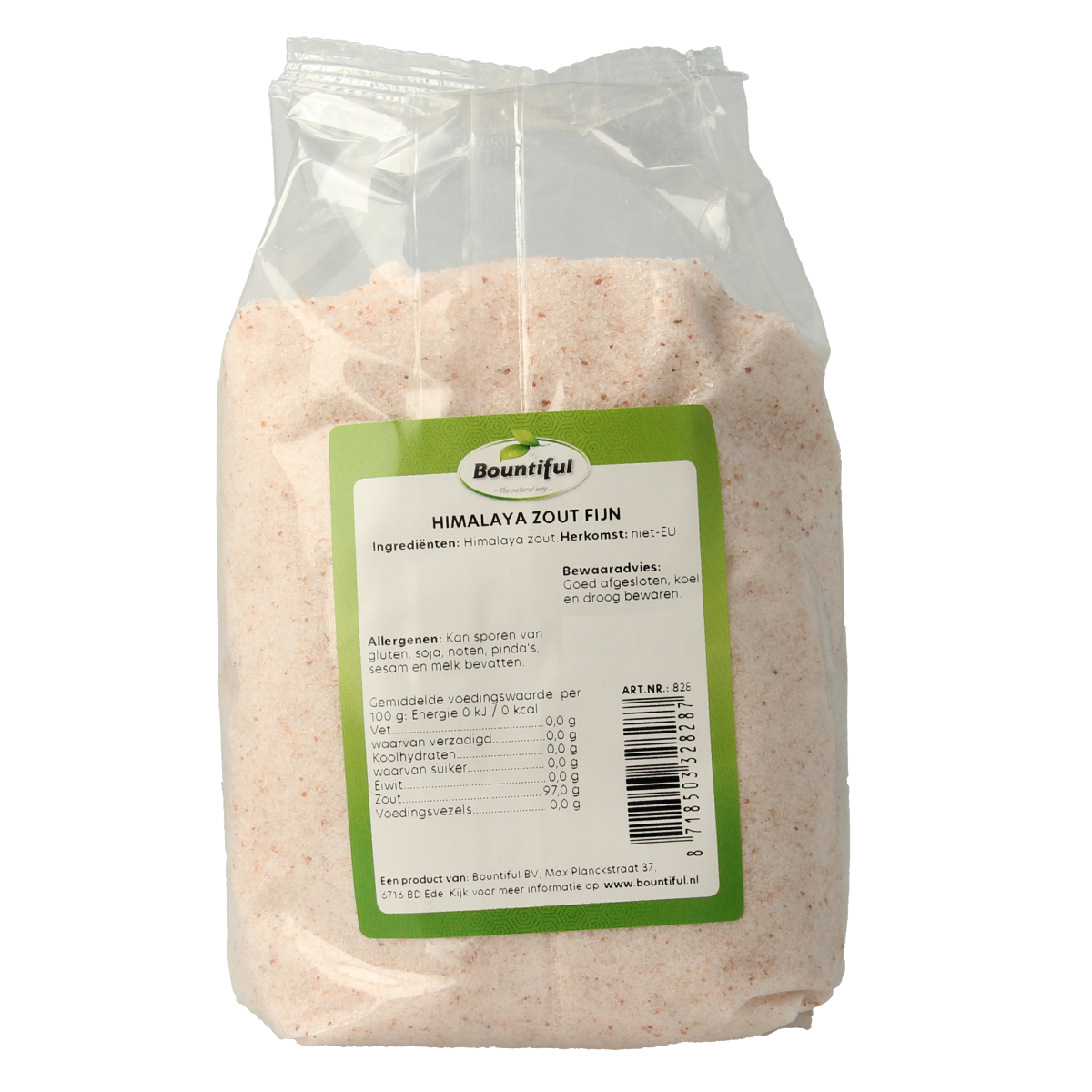 Bountiful Himalaya zout fijn in 1 kg package, showing the salt crystals and packaging label.