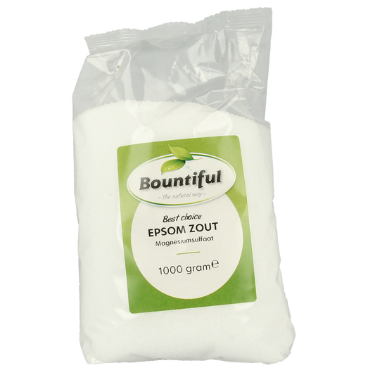 Bountiful Epsom zout 1kg in a clear plastic bag, used for herbal remedies, bath soaks, or cooking, with a white and purple label.