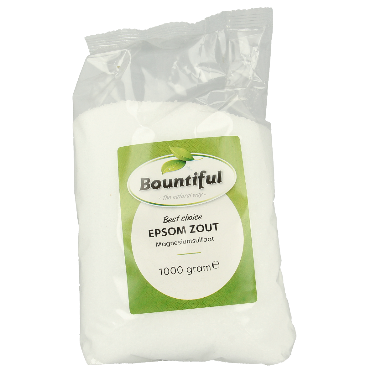 Bountiful Epsom zout 1kg bag, herbal and culinary salt product, showing the packaging with the brand name and product details.