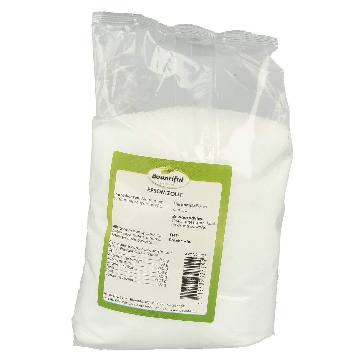 Bountiful Epsom zout 1 kg in a clear bag, labeled as kruiden, zouten en maaltijdmixen, with the Bountiful brand logo.