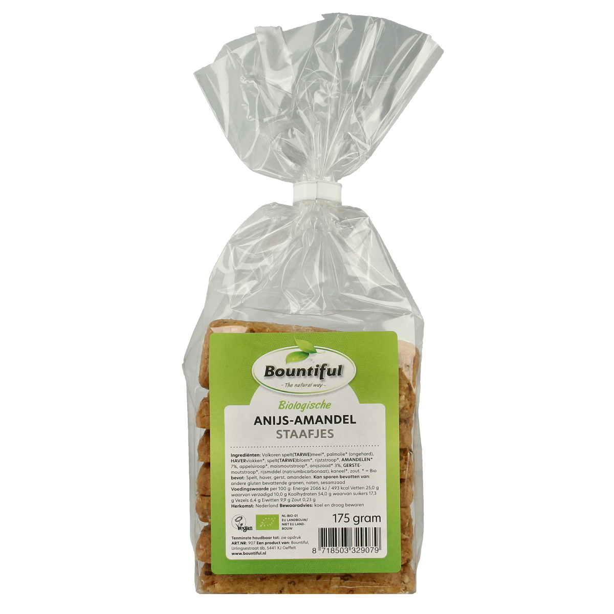 Bountiful Bountiful Anijs Amandel Staafjes bio koeken, 175g, with almond and anise flavors, displayed on a white background.