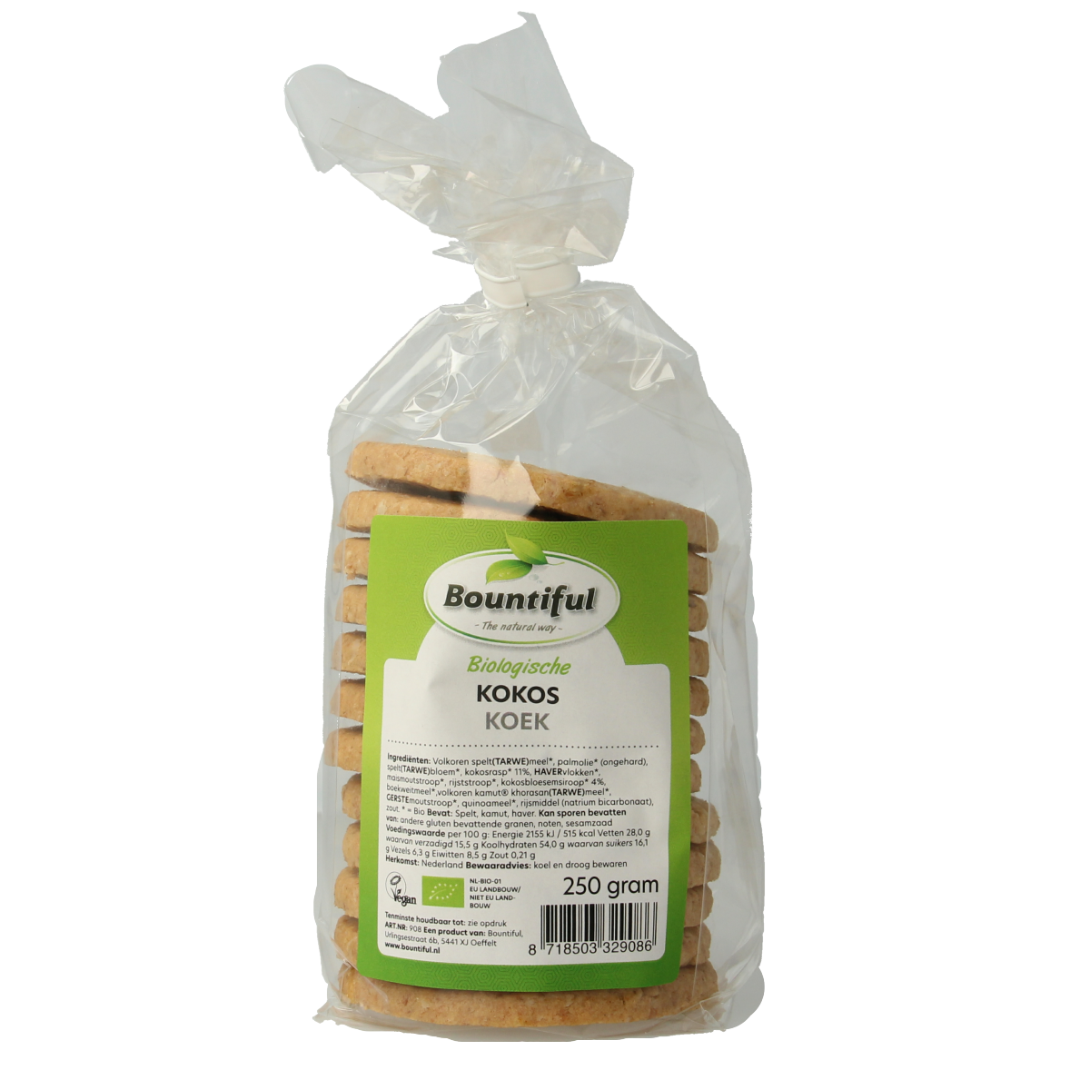 Bountiful Bountiful Kokos koek bio 250g, golden coconut-flavored cookies on a white plate