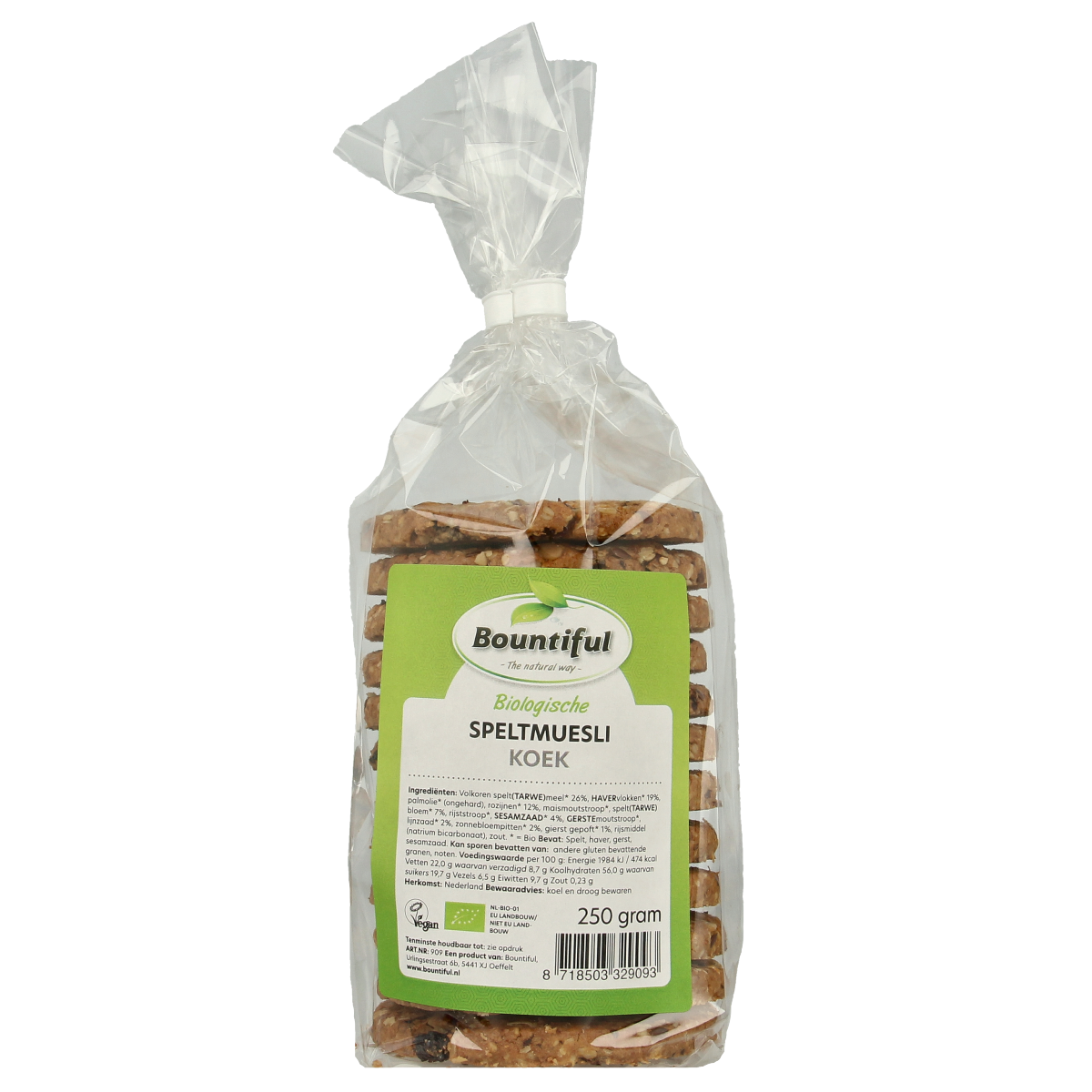 Bountiful Bountiful Spelt Muesli Cookies, organic, 250g, with visible spelt grains and cookie texture on the packaging.
