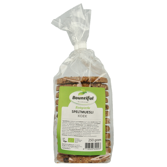Bountiful Bountiful Spelt Muesli Cookies, organic, 250g, with visible spelt grains and cookie texture on the packaging.