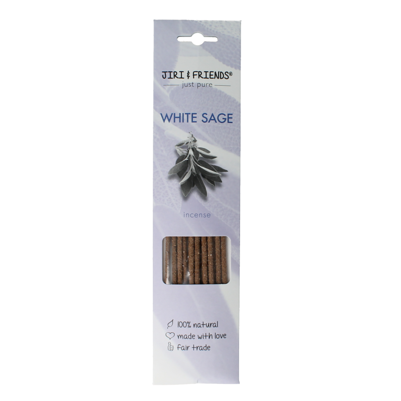 White Sage incense sticks by Jiri & Friends, set of 15, with natural sage aroma and simple packaging.