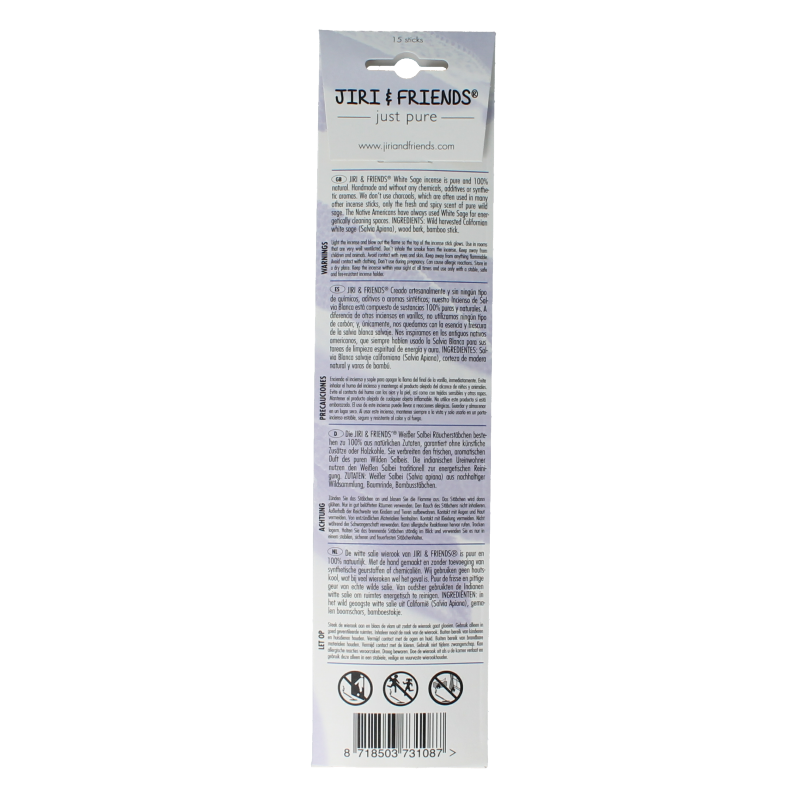 Jiri & Friends white sage incense sticks, 15-pack, natural aromatic incense for relaxation and spiritual practice.