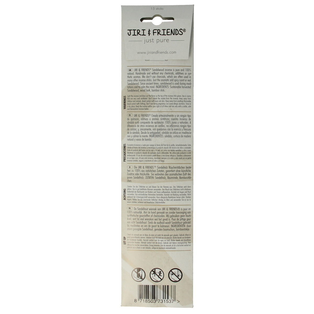 Jiri & Friends Wierook Sandalwood incense sticks, 15-pack, natural aromatic sticks for relaxing and spiritual use