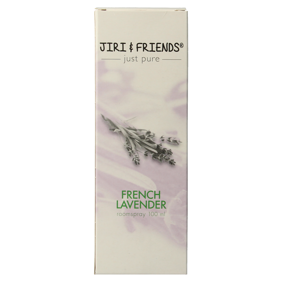 Jiri & Friends lavender aromatherapy spray bottle with 100ml of essential oil, featuring a clear spray nozzle and label.