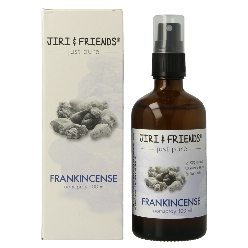 Jiri & Friends Aromatherapy spray with frankincense in a 100ml glass bottle, featuring a spray nozzle, aromatic and calming.