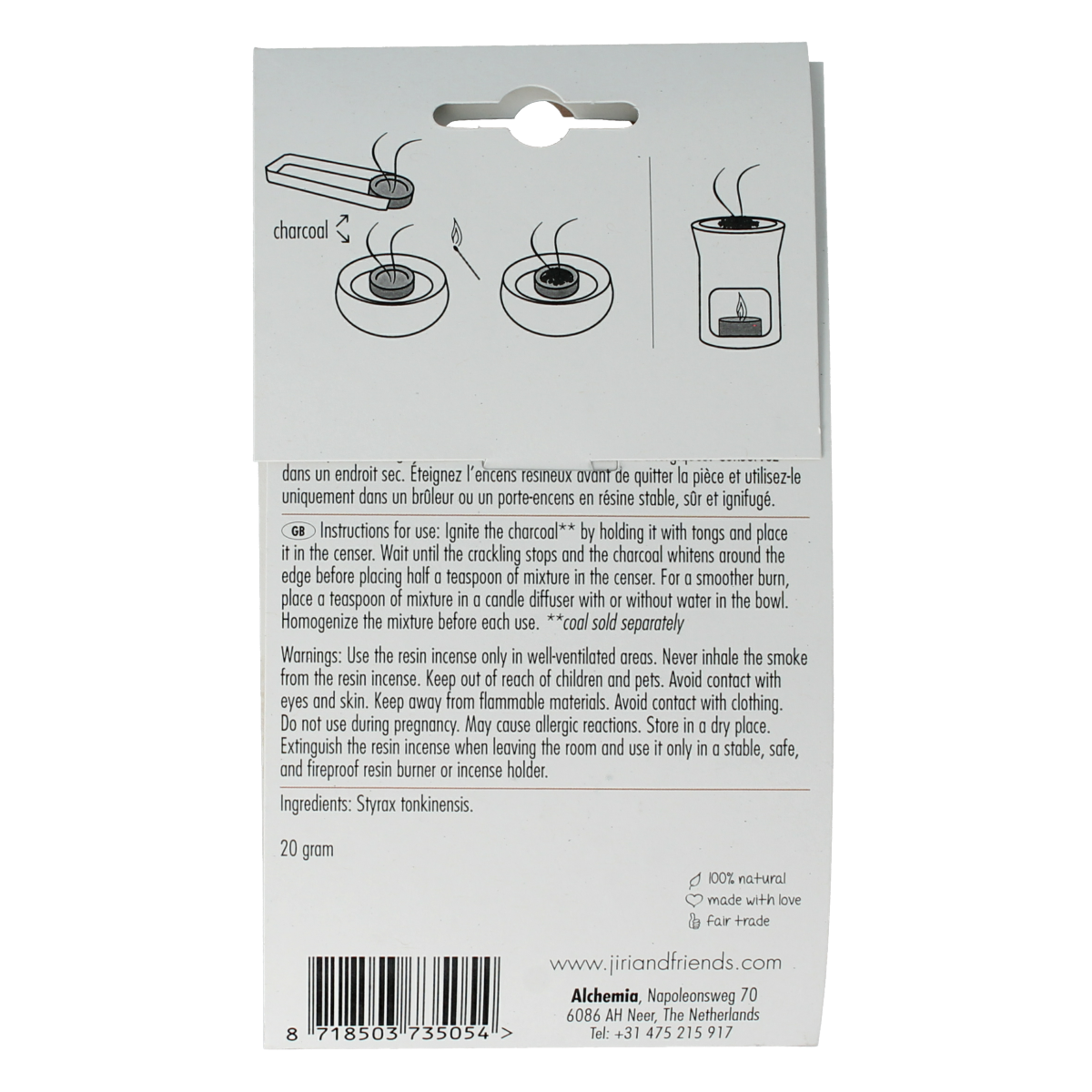 Jiri & Friends Harswierook benzoin Siam incense stick, 20 grams, natural fragrant incense for spiritual and aromatic use.
