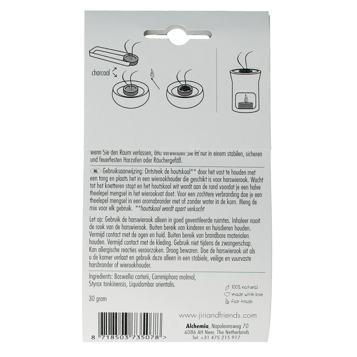 Jiri & Friends Harswierook royal incense sticks in a 30g package, featuring natural aromatic herbs for calming aroma.