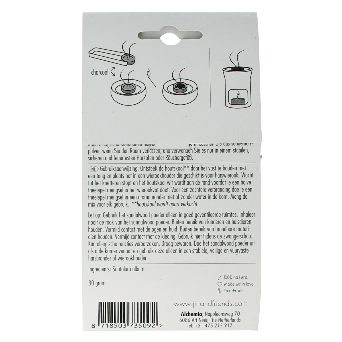 Jiri & Friends Harswierook sandalwood powder, 30g, in a small jar, used as a natural geurverspreider for aromatic home fragrance.