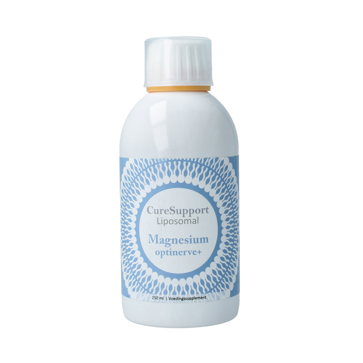 Liposomal magnesium supplement by Curesupport in a 250ml bottle, featuring a clear label with magnesium information.
