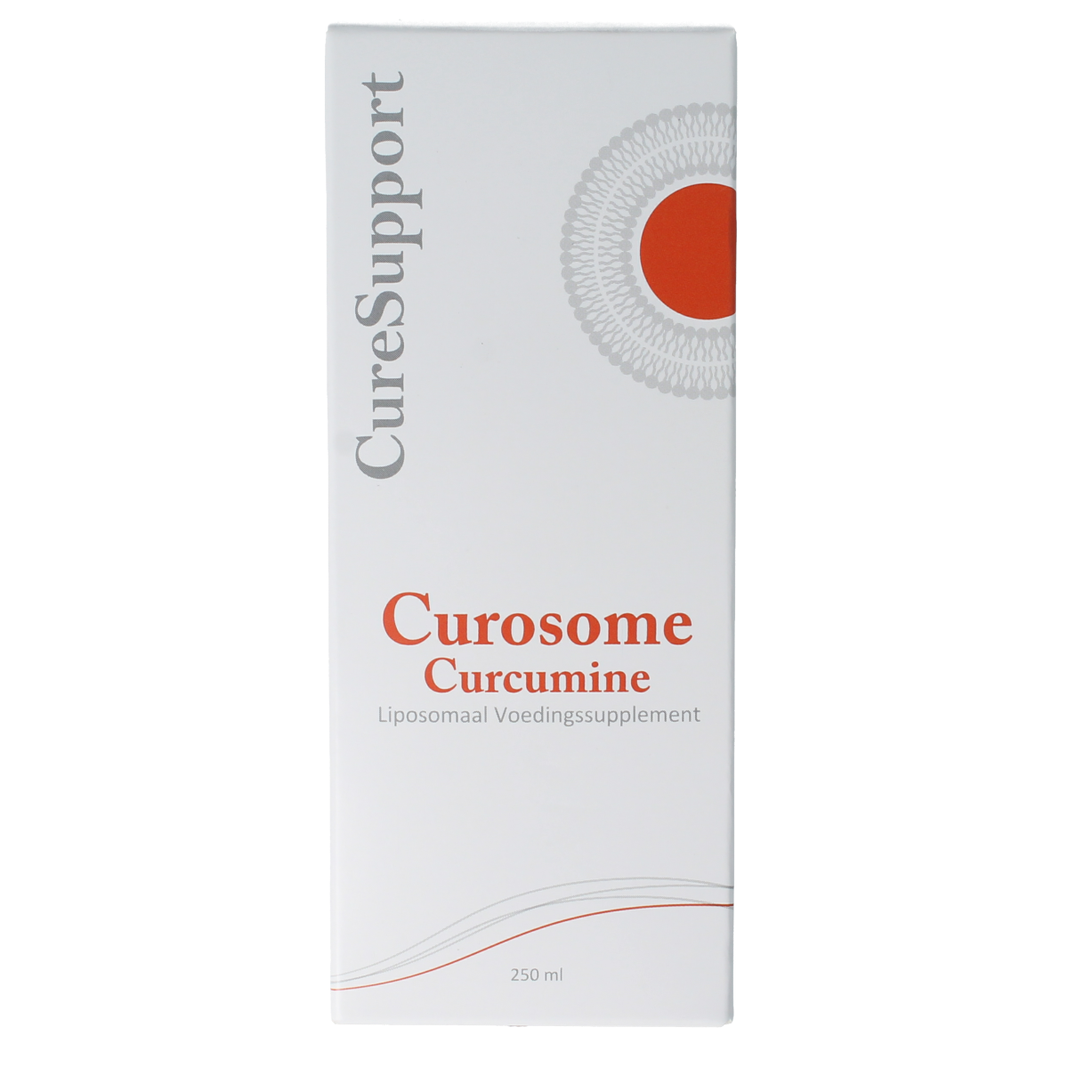 Curesupport liposomal curcumin supplement bottle with 250ml label, showcasing the product's packaging and branding.