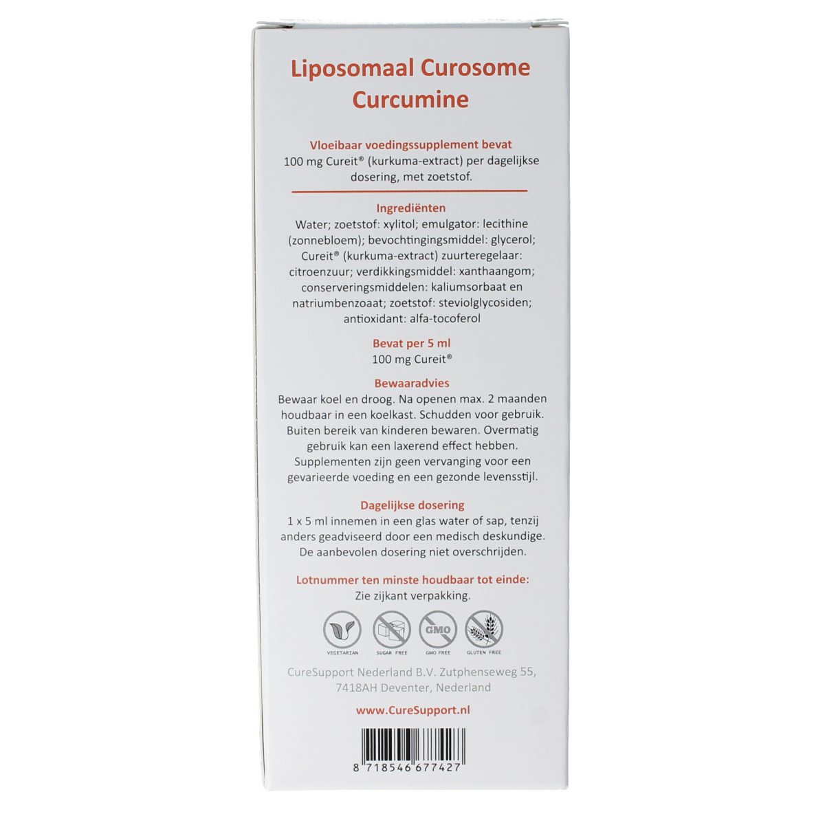 Curesupport Liposomal Curcumine 100mg herbal supplement in 250ml bottle, featuring bright label and product branding.